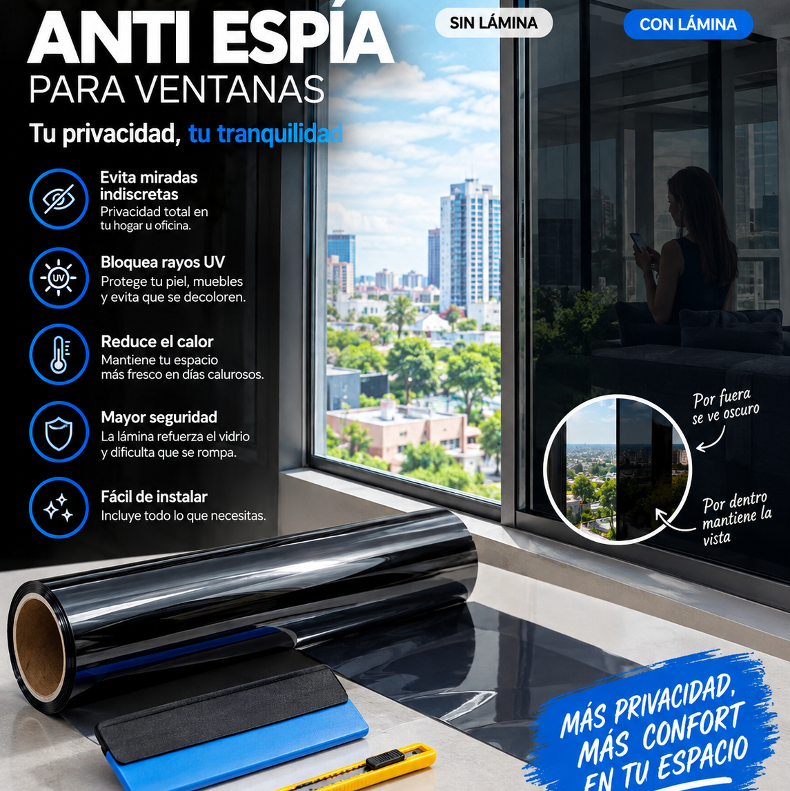 Lamina Anti espía para ventanas - Privacidad total